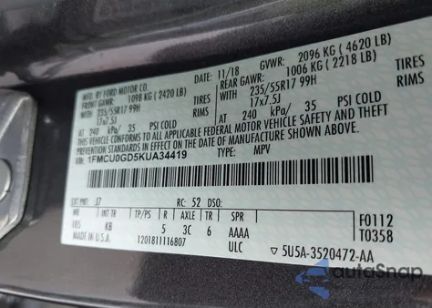 2019 Ford Escape Se из США, поврежденный, VIN 1FMCU0GD5KUA34419